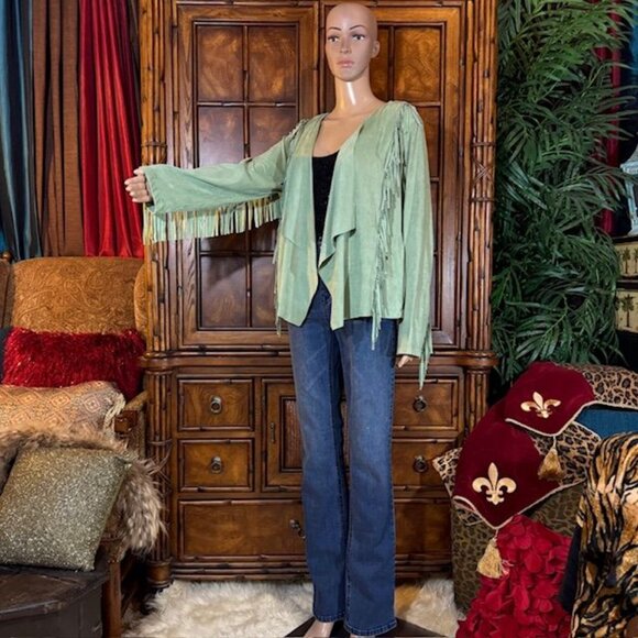 Colleen Lopez Pistachio Fringe Cascade Stretch Faux Suede Jacket Boho Western - Picture 5 of 11